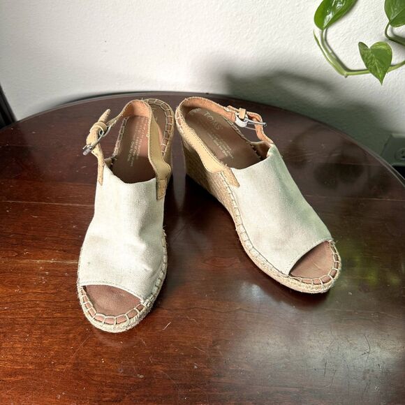 TOMS Women's Wedge Sandals 8.5 Natural Canvas Espadrille Peep Toe Heels Beige - Picture 10 of 11